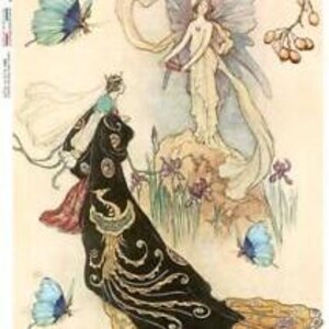 Puede incluir: Una pintura que representa a dos hadas, una con un vestido blanco fluido con alas y la otra con un vestido negro y rojo con una corona. Ambas hadas est&aacute;n rodeadas de mariposas azules y flores.
