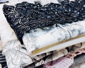 Black  Fabric Scrap Bundle: Vintage assorted fabrics, lace and cotton,  - 4 oz