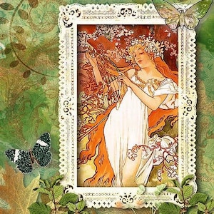 K&ouml;nnte beinhalten: Eine Illustration im Vintage-Stil einer Frau in einem wei&szlig;en Kleid mit einer Blumenkrone, die einen Zweig mit Blumen h&auml;lt. Die Illustration ist mit einem wei&szlig;en Spitzenrand gerahmt und von gr&uuml;nen Bl&auml;ttern und Blumen umgeben.