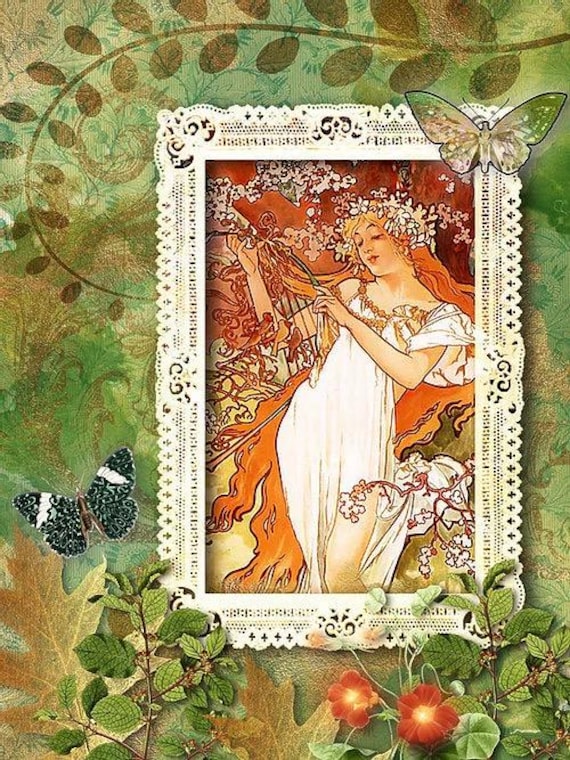 Decoupage Queen Woodland Mucha Art Nouveau A4 Rice Paper for DIY Projects, Scrapbooking, Art Journals, Mixed Media, Collage