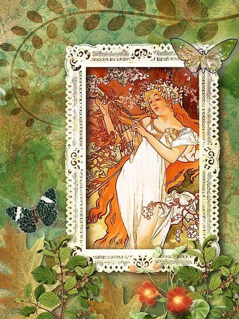 K&ouml;nnte beinhalten: Eine Illustration im Vintage-Stil einer Frau in einem wei&szlig;en Kleid mit einer Blumenkrone, die einen Zweig mit Blumen h&auml;lt. Die Illustration ist mit einem wei&szlig;en Spitzenrand gerahmt und von gr&uuml;nen Bl&auml;ttern und Blumen umgeben.
