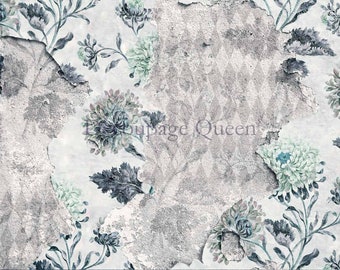Puede incluir: Un fondo blanco desgastado con un patrón repetitivo de diseños florales azules y verdes. El texto "Boupage Queen" es visible en el centro de la imagen.