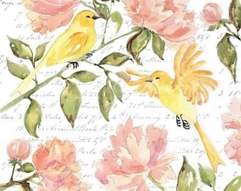 Puede incluir: Ilustración en acuarela con pájaros amarillos posados en ramas con hojas verdes, rodeados de peonías rosas y capullos. El fondo tiene escritura manuscrita y las palabras "Bought of Charle".