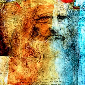 May include: A digital art piece featuring a close-up of a man's face. The face is rendered in a vintage style with a textured background. The man's face is partially obscured by a blue and white patterned background. The image is reminiscent of a Renaissance portrait.
