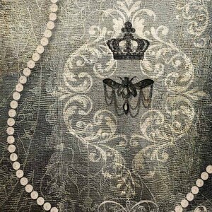 May include: A vintage-inspired design featuring a pearl necklace, a crown, and a decorative butterfly with a jeweled pendant. The background is a textured, distressed canvas in shades of gray and beige.