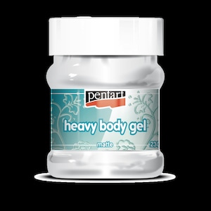 May include: A clear jar of Pentart heavy body gel with a white lid. The label features the brand name, product name, and the word "matte" in a teal and white design. The jar contains 230 grams of gel.