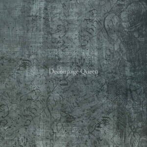 May include: A dark gray textured background with a faded, distressed look. The background is covered in a pattern of black script writing and a faint floral design. The text "Decoupage Queen" is printed in white in the center of the image.