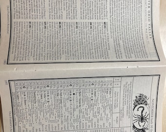 Puede incluir: Una página del Almanaque del Viejo Granjero para noviembre de 1993. La página presenta un calendario mensual con fechas, predicciones del tiempo y un calendario agrícola con información sobre la temporada. La página también incluye una ilustración de un escorpión.