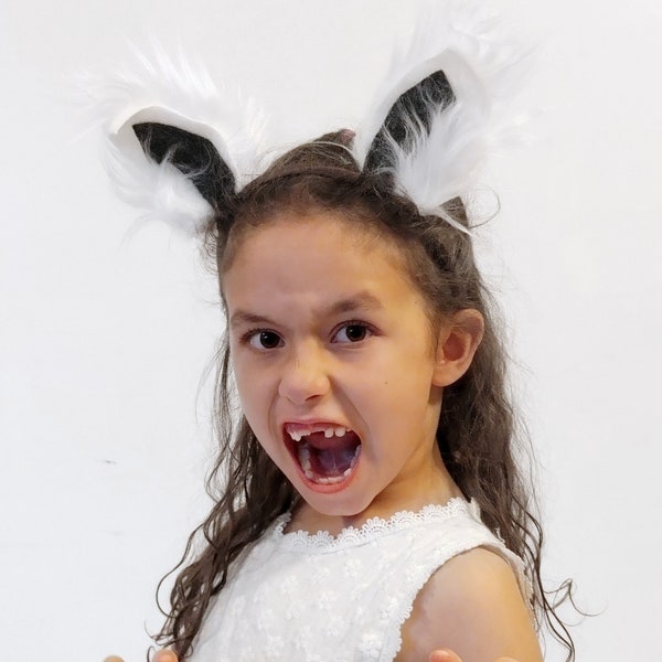 Arctic Fox or Lemur Primate Ears Costume - White and gray fur and felt - Kids or Adult Halloween Costume Headband