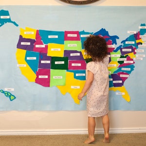 Montessori Kids Felt Map United States // Montessori USA map activity // US Felt Map Board // Map Birthday Party Decor // Felt Wall Board