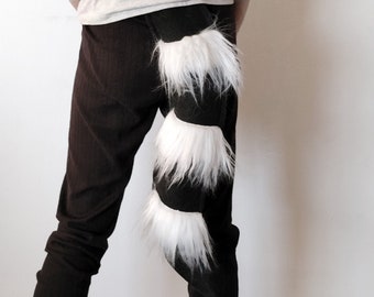 Skunk or Lemur Tail Costume - White and Black fur and felt - Kids or Adult Halloween Costume - Custom Elastic Waist Band