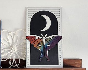 Rainbow Luna Moth Sign // Wood Wall Decor // Tall Skinny Shelf Sitter // Moonlight Transformation Life Mystery Night