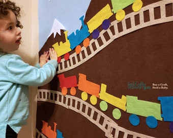 Trains Felt Wall // Montessori Learning // Kids ages 3, 4, 5, 6 // Locomotives in the Mountains // Girl or boy gift // Felt Mat Board