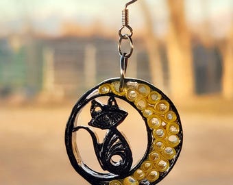 Cat and Moon Intricate Earrings // Paper Quilling Yellow and Black Jewelry