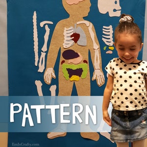 Op de afbeelding: Een blauw educatief viltpatroon met een menselijk lichaam met interne organen en een skelet. Het woord "PATTERN" wordt in witte blokletters weergegeven. Een jong meisje in een polkadotshirt en spijkerbroekrok staat voor het patroon.