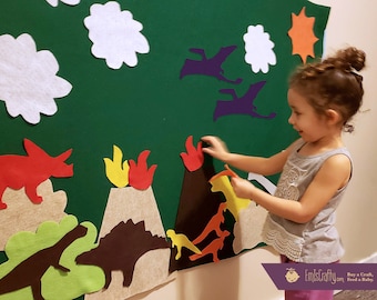 Dinosaur Felt Activity Wall // Kid Gift Age 3 4 5 6 7 // Dinosaur Party Decoration, educational // Montessori Waldorf Toy // Girl Boy Gift