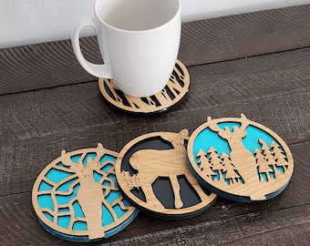 Deer Nature Coasters // Outdoorsy Birthday Gift //  Wood Drink Coasters // Mountain Man Gift // Man Woman Gift