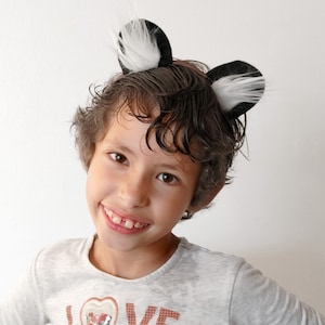 Skunk Ears Costume Headband - White and black fur and felt - Kids or Adult Halloween Costume