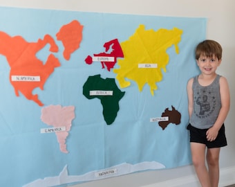 Felt World Map Wall Hanging: Montessori Continent Learning // Educational Gift, Geography Toy, Playroom Wall Decor