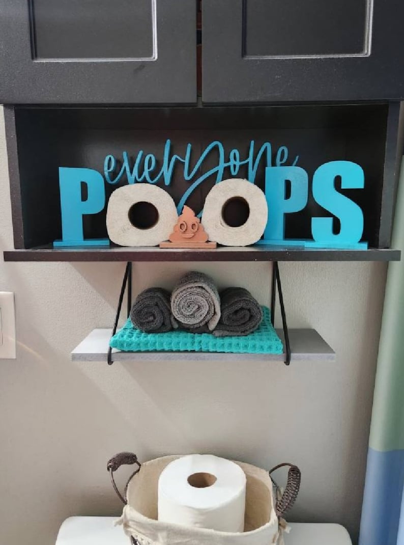 Everyone Poops Toilet Paper Holder Shelf // Funny Bathroom Humor Decor // TP Sign image 2