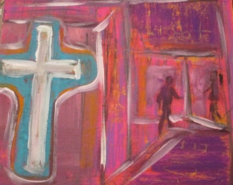 House of Love,is a 12 x 12 acrylic and pastels on drywall panel,mostly pink and purple.