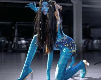 Niebieskie body elfa, niebieski kostium cosplay elfa, cosplay Na’vi, cosplay na Halloween, strój cosplay do filmu, ręcznie robiony kostium, pełny zestaw cosplay