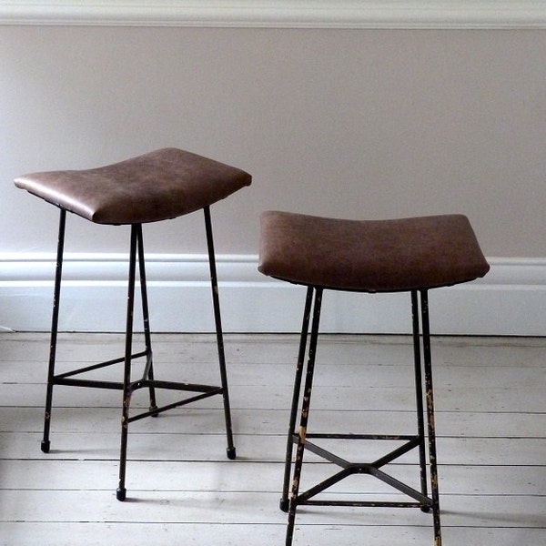 Pair of Vintage Distressed Leather Counter Stools / Bar Stools