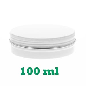 May include: White metal tin container with a silver lid. The container is 100 ml in size.