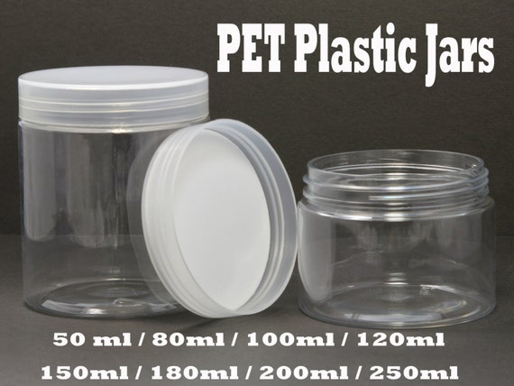 Kostenloser Versand - 6 X leere PET Gläser mit transluzenten Kunststoff- Deckel 50ml - 250ml