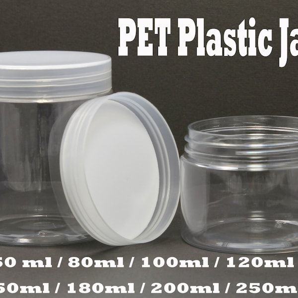 Free shipping - 6x Empty PET Jars with translucent Plastic Lids  50ml-250ml