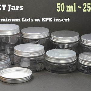 May include: Clear PET jars with silver aluminium lids and EPE inserts. The image shows several jars of varying sizes, with the text "PET Jars", "Aluminum Lids w/ EPE insert", and "50 ml ~ 250ml".