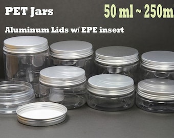 Free shipping - 6x Empty PET Jars with Silver color metal Lids  50ml-250ml