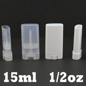 May include: Six clear and white plastic containers for lip balm or deodorant. The containers are different sizes, with the two largest labelled "15ml" and "1/2oz".