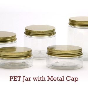 Free shipping - 6x Empty PET Jars with Gold color metal Lids  50ml-250ml