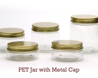 Free shipping - 6x Empty PET Jars with Gold color metal Lids  50ml-250ml