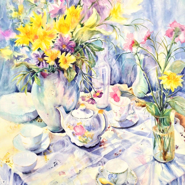 Watercolor Still life, flower painting,yellow mums,large white vase,tea pot tea cups