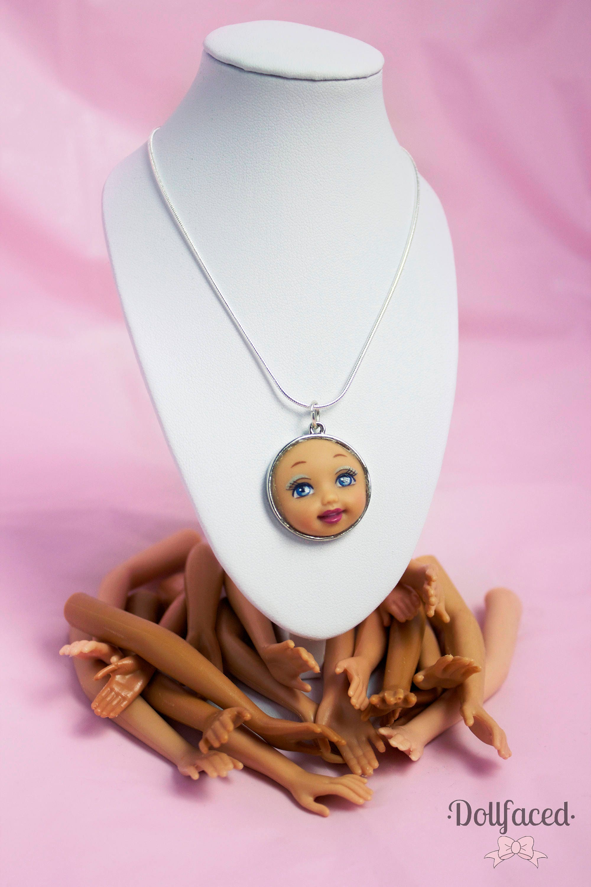 Baby Face Barbie Doll Face Necklace Pink Lipstick and Green