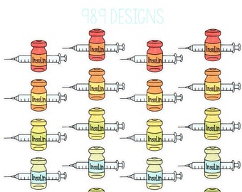 May include: A set of 24 colorful insulin vial stickers with syringes. The vials are in various colors, including red, orange, yellow, green, blue, purple, and pink. Each vial has the word "Insulin" written on it.