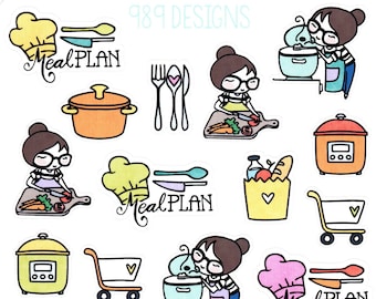 Puede incluir: Un conjunto de pegatinas digitales coloridas con un personaje de chef de dibujos animados con gafas, una variedad de electrodomésticos de cocina y el texto "Meal PLAN".