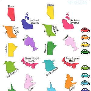 Peut inclure: Une carte colorée du Canada avec chaque province et territoire délimité par une couleur différente. Les noms de chaque province et territoire sont écrits en noir. Il y a 10 petites voitures en rang sur le côté droit de la carte, chacune d'une couleur différente.