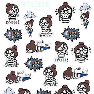 May include: A set of 16 digital stickers featuring a cartoon character with different expressions and phrases, including "D'OH!" "Screw it" and "Bad Day".