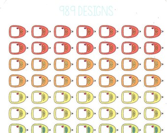 Puede incluir: Una hoja de pegatinas de colores arcoíris con un diseño de glucómetro de dibujos animados. Cada pegatina tiene un espacio en blanco para escribir. El texto "989 DESIGNS" está en la parte superior de la hoja.