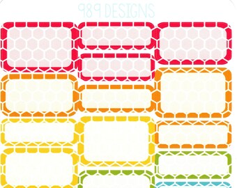 May include: A set of 18 colorful rectangular labels with a honeycomb pattern. The labels are in various colors, including red, orange, yellow, green, blue, purple, and pink. Each label has a white background and a white border.