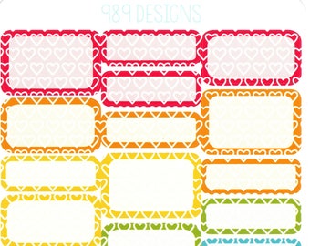 May include: Sheet of colorful planner stickers with rectangular labels. Each label has a white interior and a decorative border in various colors, including red, orange, yellow, green, blue, and purple. The borders feature heart and triangle patterns. The text "989 DESIGNS" is at the top.