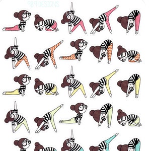 May include: A set of 36 stickers featuring a cartoon character in various yoga poses. The character is wearing glasses and has a black and white striped shirt. The stickers are on a white background.