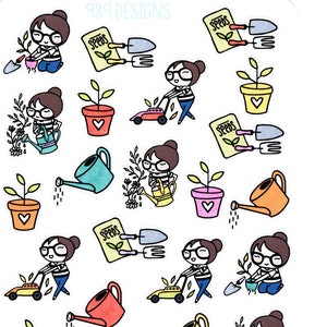 Lu Works in the Yard - Planner Stickers - Yardwork Stickers - Gardening Stickers - Mowing- Planting - Watering - Icons - Planner Girl