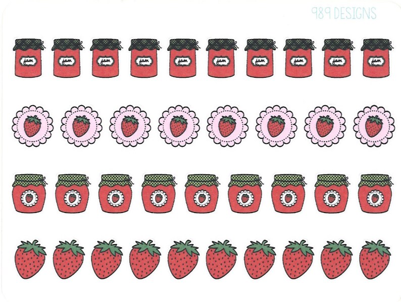 K&ouml;nnte beinhalten: Eine Bogen mit Aufklebern mit einem sich wiederholenden Muster aus Erdbeermarmeladen-Gl&auml;sern, Erdbeeren und Erdbeer-Motiven. Die Aufkleber sind in Rot, Gr&uuml;n, Wei&szlig; und Rosa.