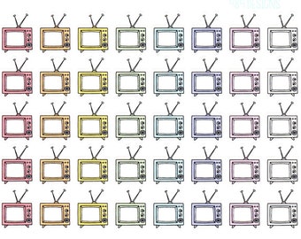 May include: A sheet of 40 colorful retro television stickers. The stickers are in various shades of pink, yellow, blue, and green. Each sticker features a cartoon drawing of a vintage television with an antenna.