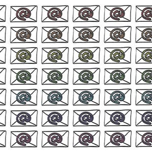 May include: A sheet of colorful stickers featuring an email symbol inside an envelope. The stickers are arranged in a grid pattern with six rows and seven columns. The colors of the stickers include red, orange, yellow, green, blue, purple, and pink.