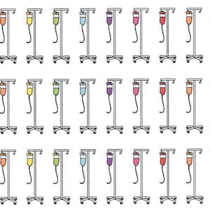 May include: A sheet of 30 colorful IV bag stickers. Each sticker features a white IV pole with a different colored IV bag. The colors include red, orange, yellow, green, blue, purple, pink, and light orange.